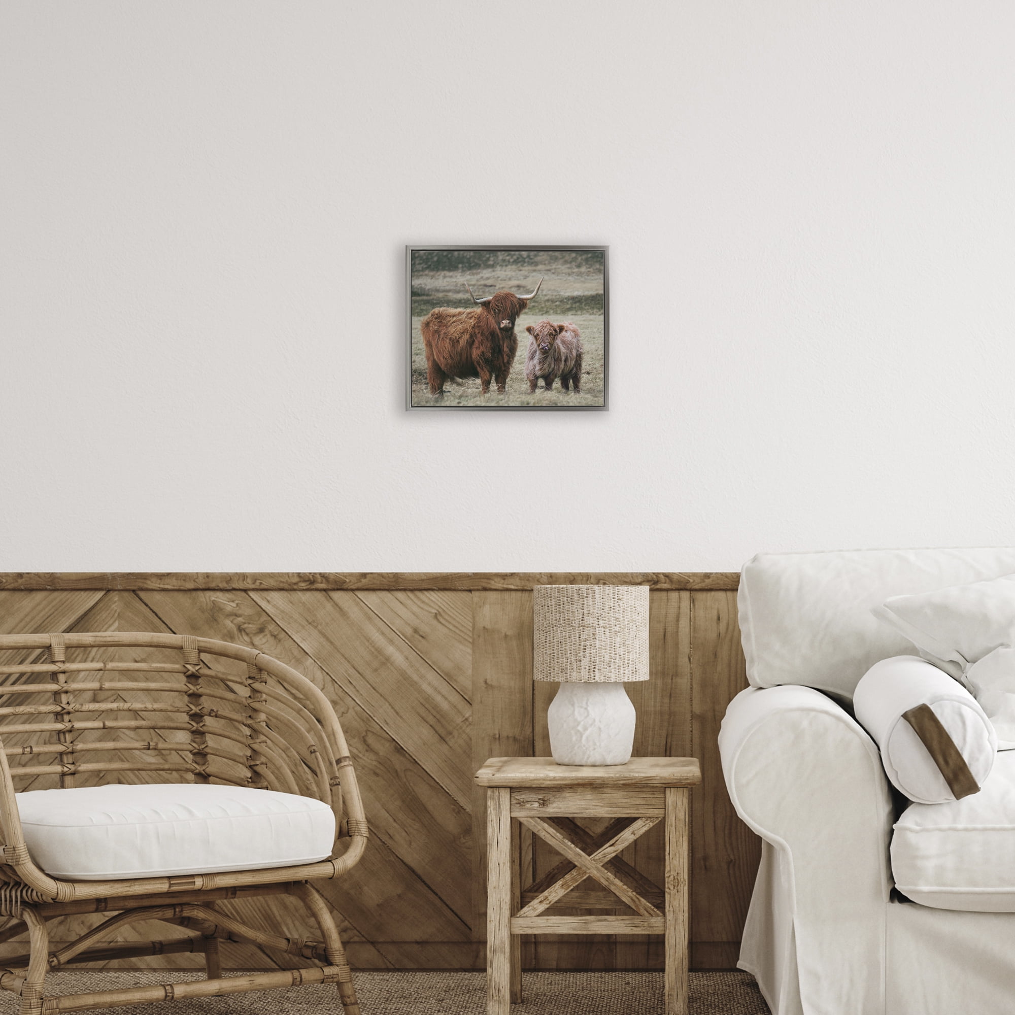 Mom & Baby Cow Gray Framed Floater Canvas Wall Art, design by Lettered and Lined