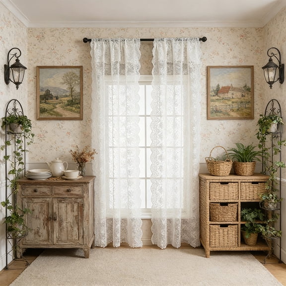 Ouuluon Sheer Curtains Machine Washable Light Filtering Lace Curtain, White No Drill Sheer Polyester Window Drape for Bedroom Living Room Office Home