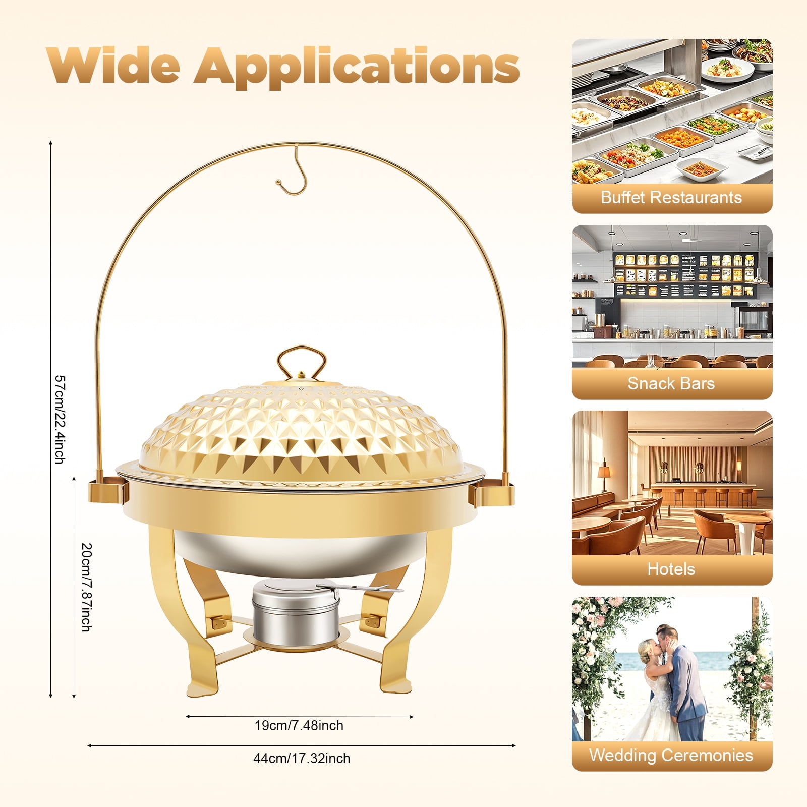 ChicHomey Diamond Hanging Lid Stove with Alcohol Burner, 8.5QT Stainless Steel Buffet Warmer,Gold Finish, for Buffets, Family Gatherings, and Banquets
