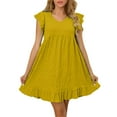 thumbnail image 1 of Liquidation d'Été 2025! Robe pour Femme Grande Taille, Liquidation de Robes d'Été pour Femmes, Robe Mini Unie à Volants à Manches Courtes à Col en V Décontractée d'Été pour Femme, 1 of 5