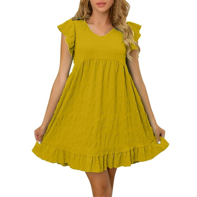 Liquidation d'Été 2025! Robe pour Femme Grande Taille, Liquidation de Robes d'Été pour Femmes, Robe Mini Unie à Volants à Manches Courtes à Col en V Décontractée d'Été pour Femme