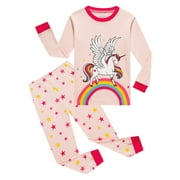 Pajamas For Kids Girls Rainbow White Horse Pink Cute Pajamas Long Sleeve Top&Long Pants 2-Piece Cotton Sleepwear Set 3T