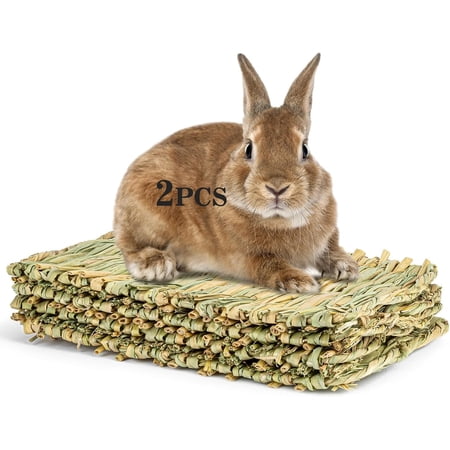 2 PCS Rabbit Grass Mats - Natural Hay Woven Bunny Rabbit Bad Cage Mats Pet Bedding Cooling Sleeping Nesting & Toys for Hamster Bunny Chinchilla Guinea Pig Mouse Bird and Other Small Animal