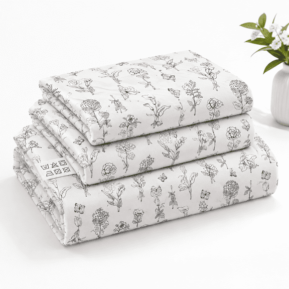 Black and White Floral Queen 24" Extra Deep Pocket 4-Piece Bed Sheet Set