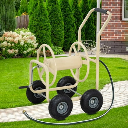 Dkelincs Garden Hose Reel Cart with Wheels 300 Ft of 5/8 in×6Ft Steel Portable Water Hose Reel with Storage Basket, Tan