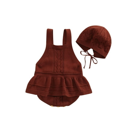 

Baby Girls Knit Romper Set Sleeveless Hollowed Patchwork Solid Romper with Lacing Hat for Summer Fall Clothes