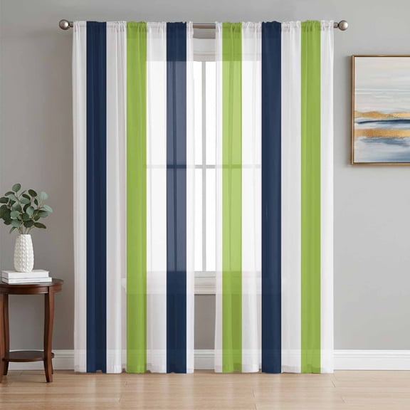 Sheer Curtains 108 Inches Long 2 Panels Set for Living Room, Green Navy Blue Striped Semi Sheer Curtains for Windows, Farmhouse Stripe Art Voile Window Treatments Rod Pocket Curtain