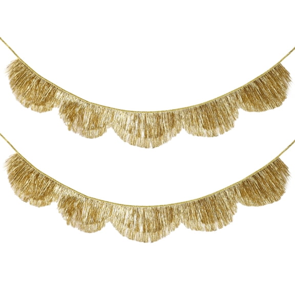 2PCS Gold Fringe Banner, 6.6ft Scalloped Layered Tassel Banner, Metallic Tinsel Garland Streamer, Shiny Backdrop for Birthday, Bachelorette, Wedding, Anniversary Party Decorations