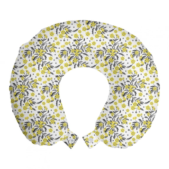 Floral Travel Pillow Neck Rest, Repetitive Vivid Spring Blossoms Art on Plain Backdrop Illustration, Memory Foam Traveling Accessory Airplane and Car, 12", Pastel Yellow Dimgray, by Ambesonne