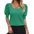 thumbnail image 4 of Solid Square Neck Women's Puff Short Sleeve Sweater Tops Rendy Casual Knit Tops, 4 of 6