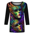 thumbnail image 5 of Cadancy Mardi Gras Shirt Women 3/4 Sleeve Trendy Crewneck Pullover Tunic Tops Rave Party Mask Print Carnival Blouse Casual Loose Holiday Outfits, 5 of 6