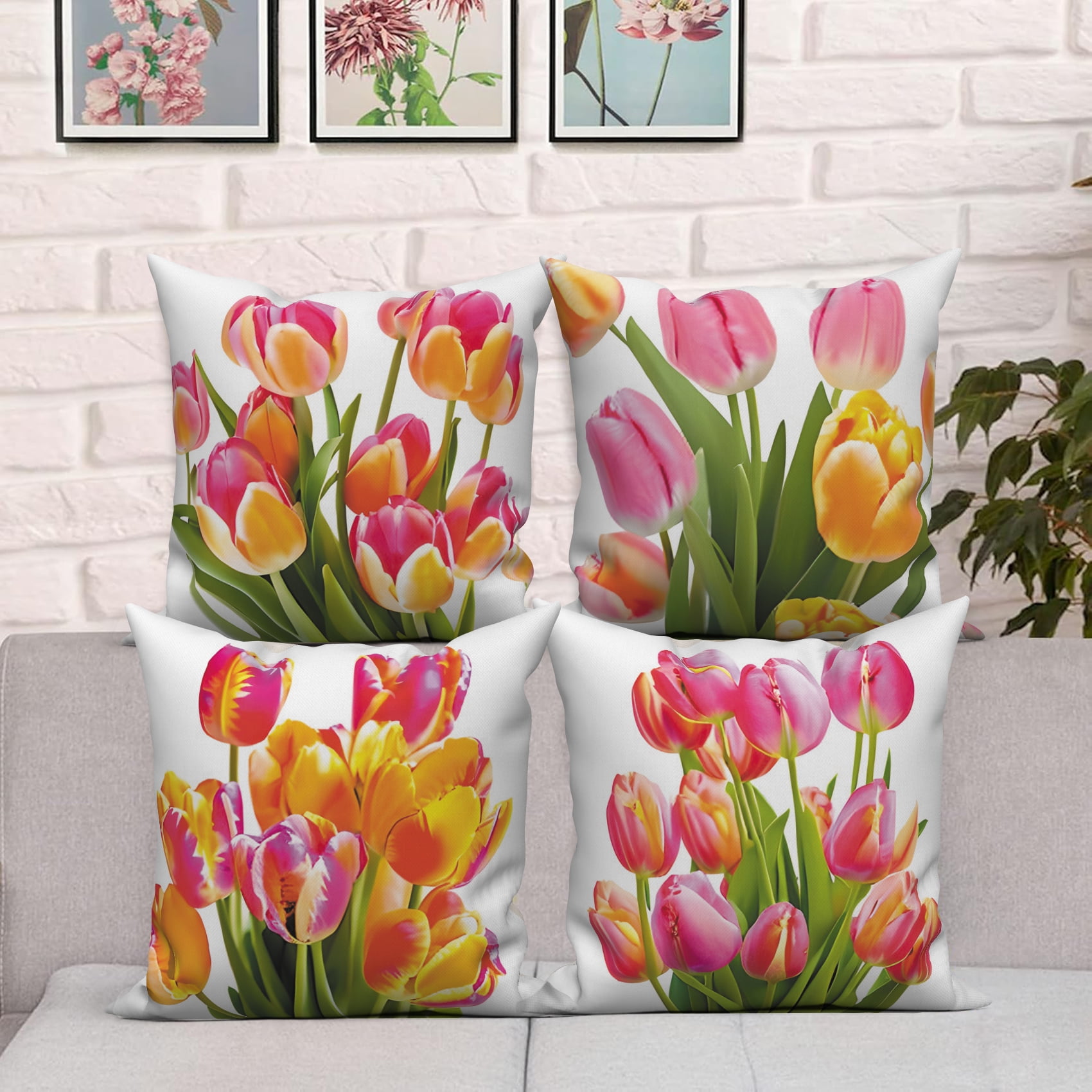 Pbobriich Tulip Summer Floral Pillow Covers 18 x 18 inch Set of 4 Farmhouse Colorful Linen Pillows Case for Patio Sofa Bed Decor