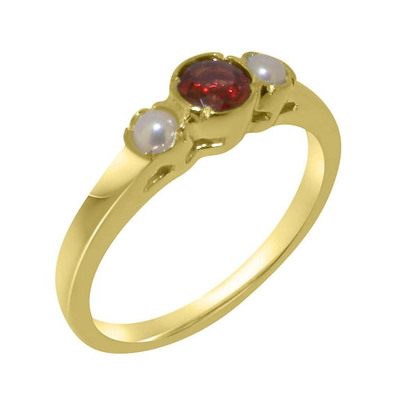 LBG British Made 14k Yellow Gold Natural Garnet & Cultured Pearl Womens Anniversary Ring - 33 size options - Size 7.75