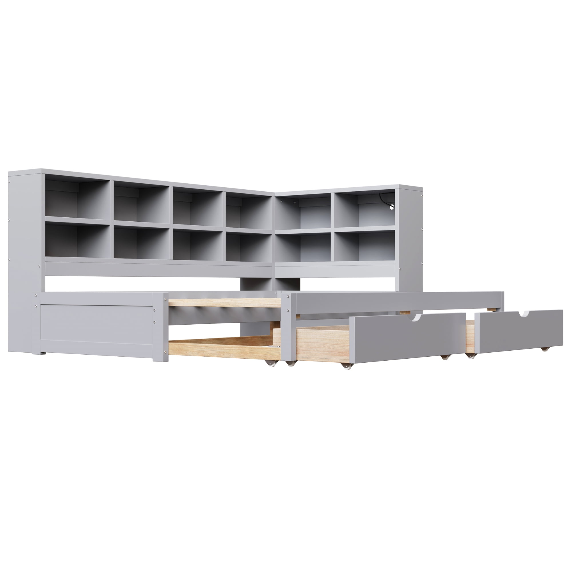 Mintazer Twin XL to King Daybed with 2 Storage Drawers & LED Lights, Platform Bed Frame with Charging Station, Gray
