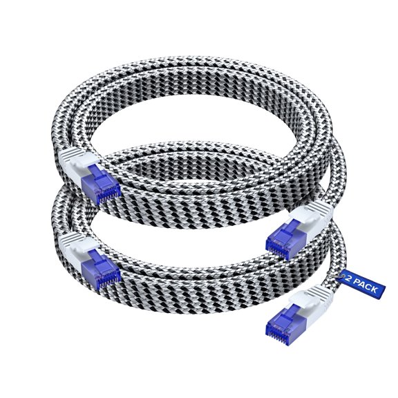 Cat 6 Ethernet Cable, 10 ft, 2 Pack Easy-Hide Flat Super-Durable White Braided Network LAN Internet Cable/Cord