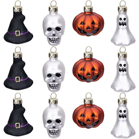 Ebaokuup 12 Pcs Halloween Glass Ornaments, Pumpkin Ghost Skull & Witch Hat Tree Decorations