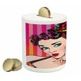 thumbnail image 2 of Art Piggy Bank, Blue Eyed Woman with Striped Background Pop Art Advertising Retro, Ceramic Coin Bank Money Box for Cash Saving, 3.6" X 3.2", Red Eggshell Multicolor, by Ambesonne, 2 of 4