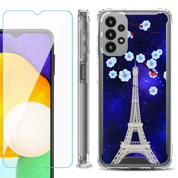 Shockproof Bumper Phone Case for Samsung Galaxy A23 5G, with Tempered Glass Screen Protector, by OneToughShield ® - Eiffel Tower Stars