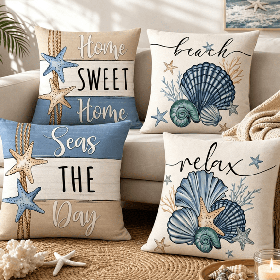Summer Ocean Sea Shell Throw Pillow Covers,17.7x17.7 Inch Love Lives Here Coastal Cushion Cases with Conch Starfish Coral Design for Holiday Seasonal Decor
