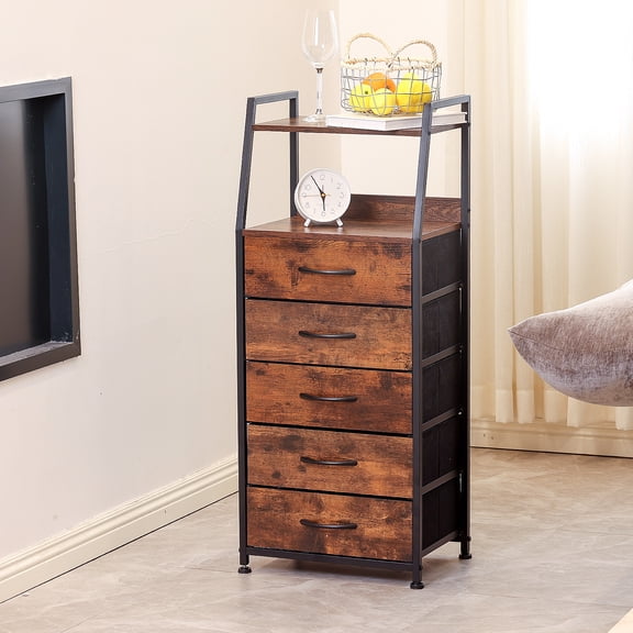 Night Stand with 5 Drawer and 2-Tier Display Shelf,Rustic Brown Dresser for Bedroom, Skinny Nightstand with Fabric Bins for Hallway, Closet, and Nursery, Durable Wood Top and Sturdy Steel Frame