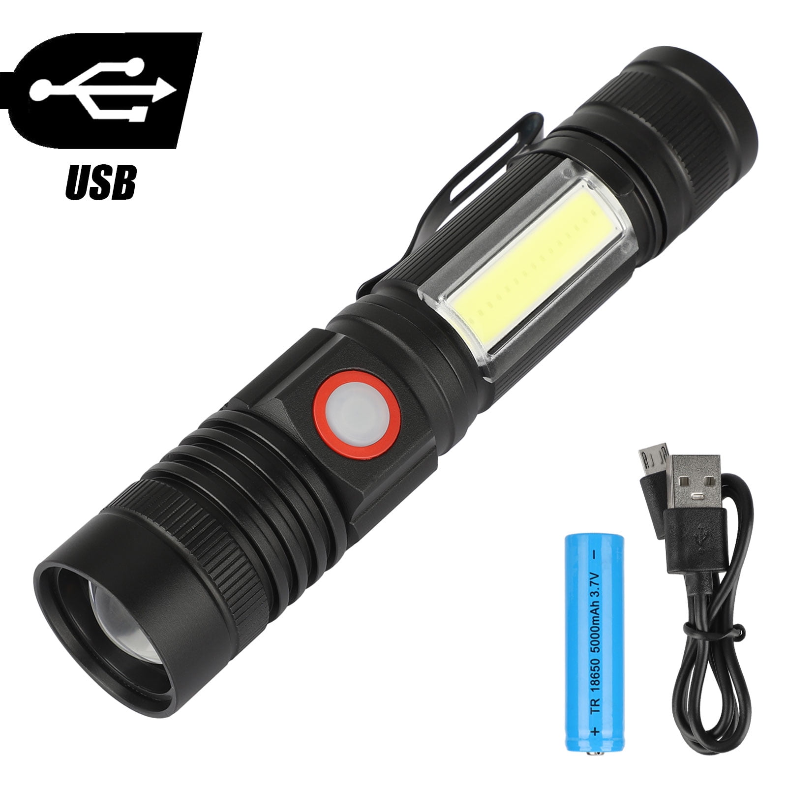 1-4PACK COB LED Flashlight 4 Modes Mini USB Rechargeable Torch Light Zoom Lamp