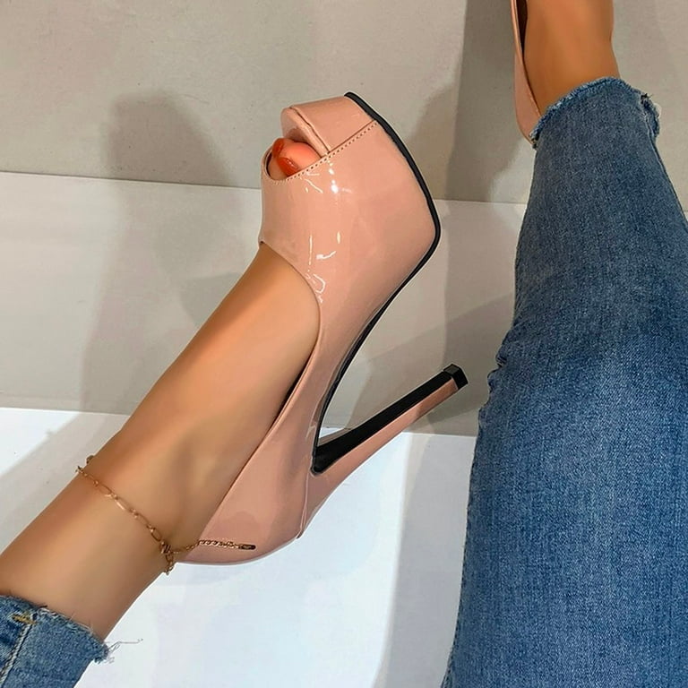 EQWLJWE Sandals Women 2022 Patent Leather Sexy Slip On Peep Toe High Heel Dress Pumps Chic Glossy Open Toe Stiletto Heel Platform Sandals