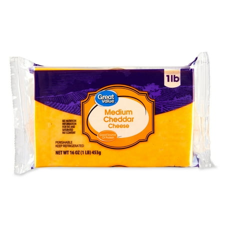 Great Value Medium Cheddar Block Cheese, 16 oz Chunk