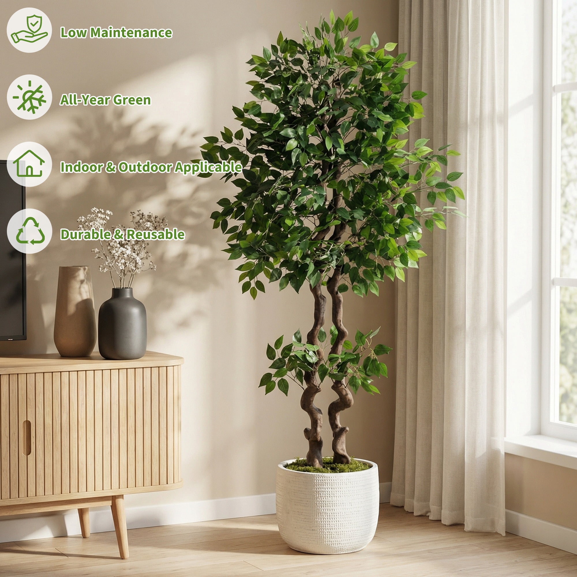 6ft Large Artificial Ficus Tree, Tall Faux Banyan Tree Floor Plant with Realistic PVC Trunk and Full Dense Foliage, Indoor Home Office Living Room Decor