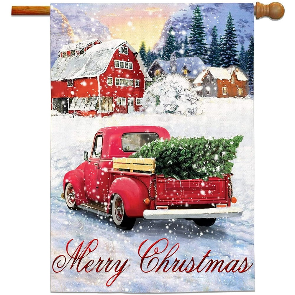 Christmas House Flags 28x40 Double Sided, Little Red Christmas Truck