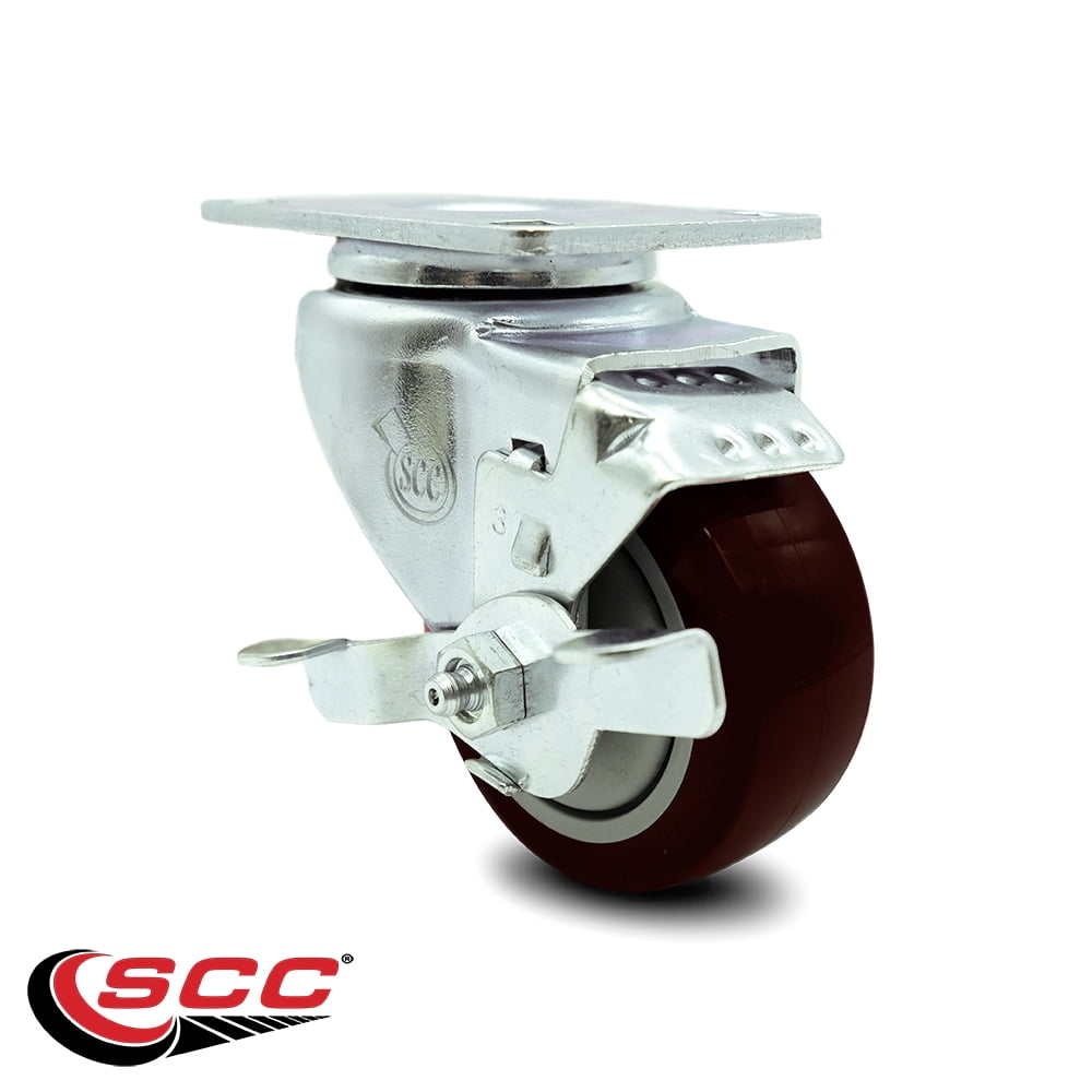 Service Caster Set Of 4 Polyurethane Wheels | 3" Maroon, 2 Swivel Locking & 2 Rigid, 1200lb Capacity
