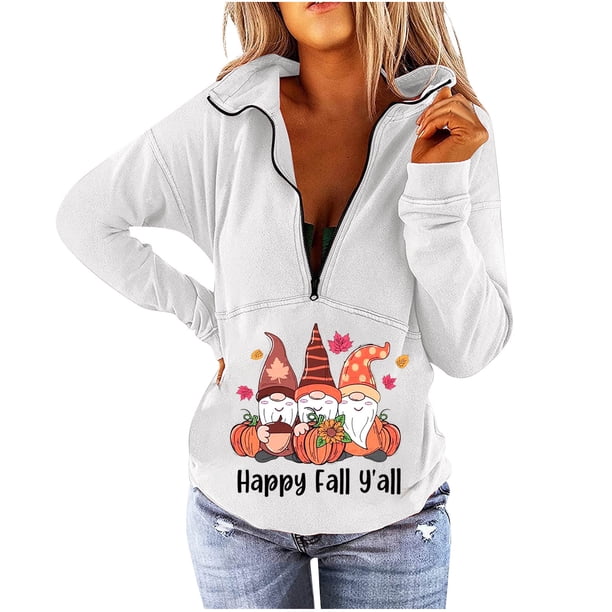 Sudadera con cuello en V para mujer, bonita sudadera recortada con cremallera para entrenamiento, Tops de Acción de Gracias para mujer Pompotops FGAJ19701
