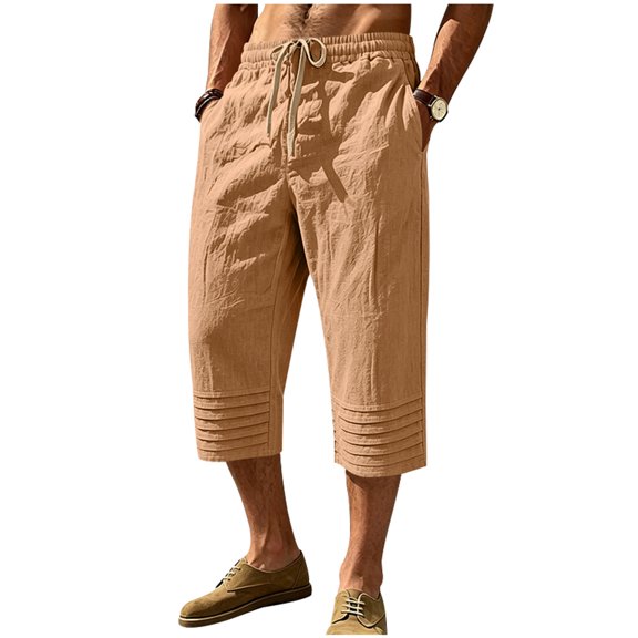 cfhntfmh Mens Capri Pants Wide Leg Loose Fit Elastic Waist Pants Lightweight Drawstring Beach Pants with Pockets (Yellow,X-Large)