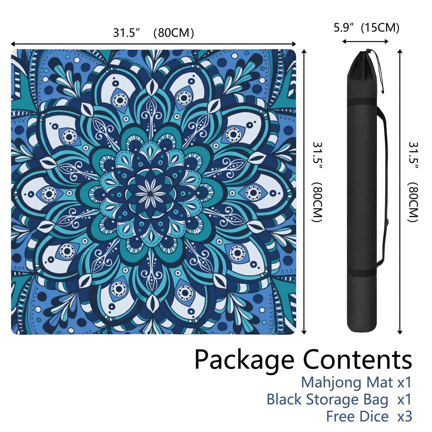 Large Square Boho Mahjong Mat 31.5 Inches, Anti-Slip Noise Reducing Rubber Pad for Table Games, Multi-Functional Mat for Cards Tile Games and Board Games