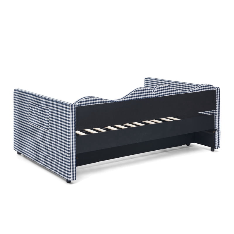 Full Size Gingham Daybed with Trundle, Upholstered Day Bed Frame with Side Storage Pocket & Wave-Shaped Backrest, Modern Sofa Bed for Living Room, Bedroom, No Box Spring Needed