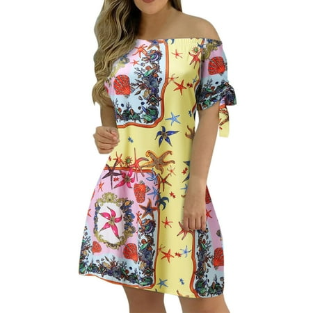 OJSFQUFP Classy Dresses for Graduation Yellow Women Fashion Casual Summer Off Shoulder Print Dress Stripped Lace Up Short Sleeves Mini Dress Elegant and Soft Dress L2