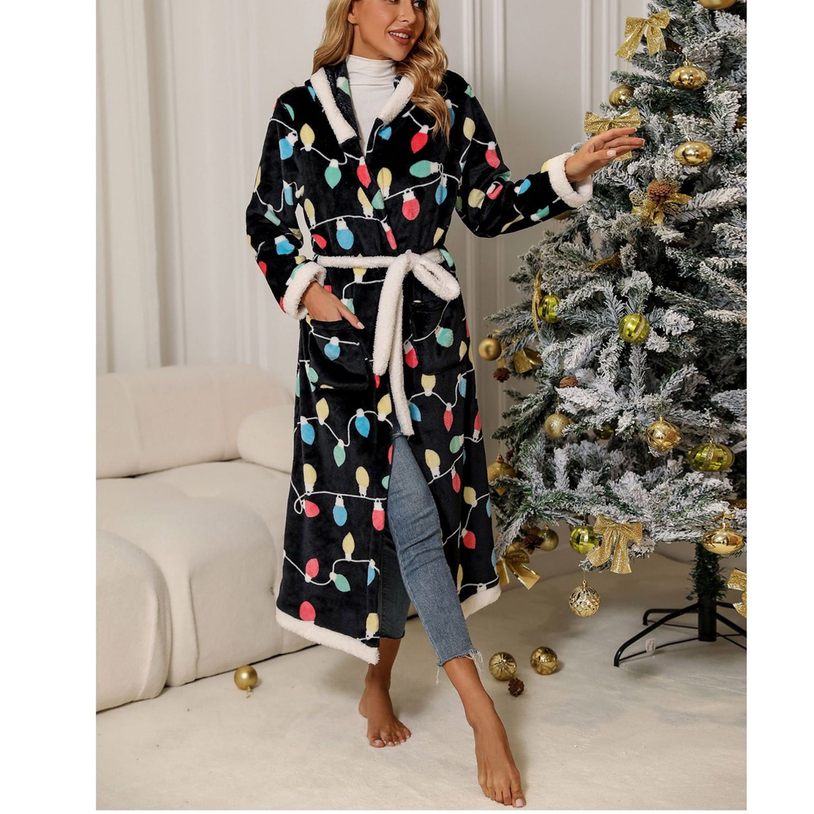 Mefallenssiah Women S Christmas Casual Breathable Hooded Long Sleeved Flannel Nightgown Belt Walmart