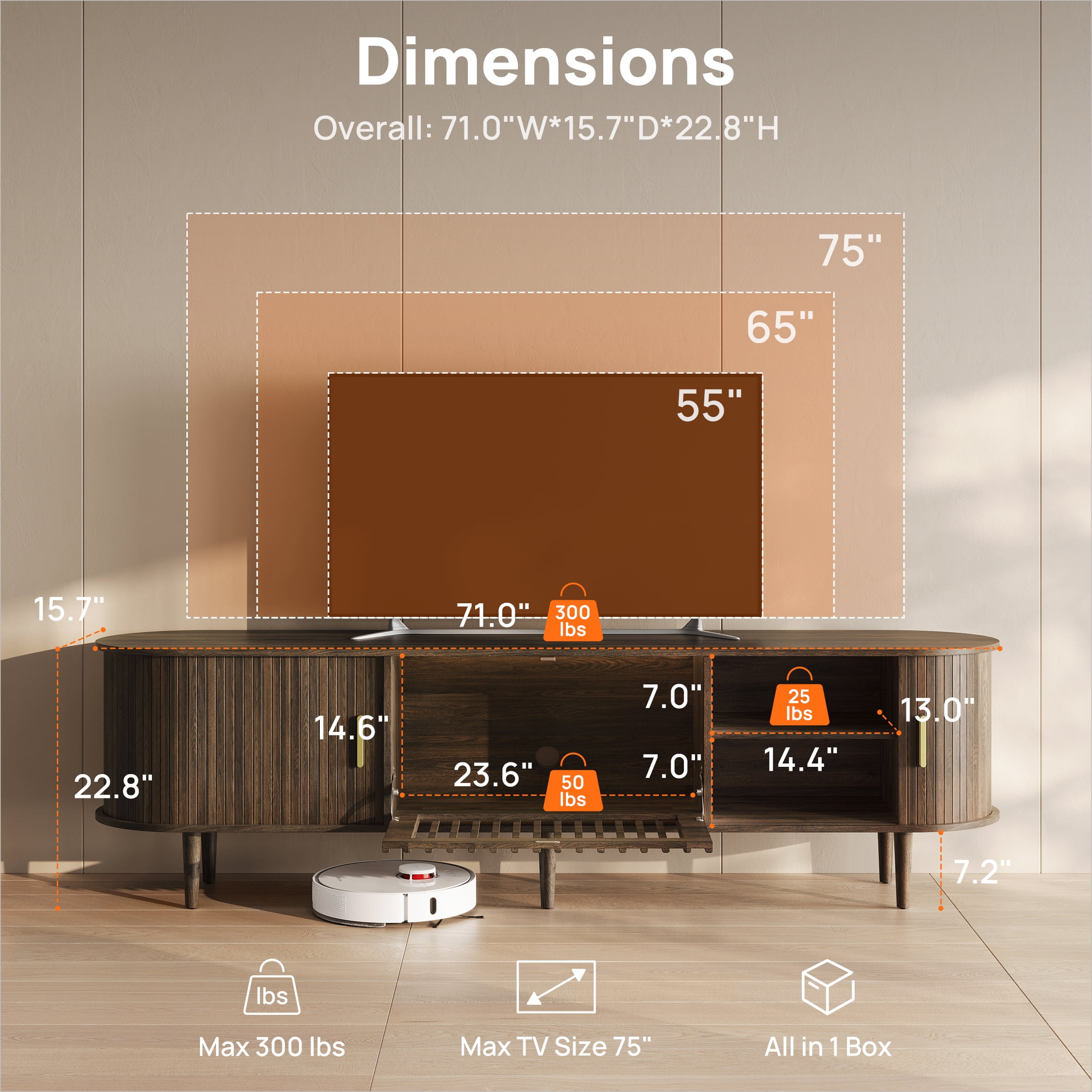 CHIC HOUSE 70" LED TV Stand for TVs up to 75", Mid-Century Modern Entertainment Center with Storage Shelves & Sliding Tambour Door, Walnut