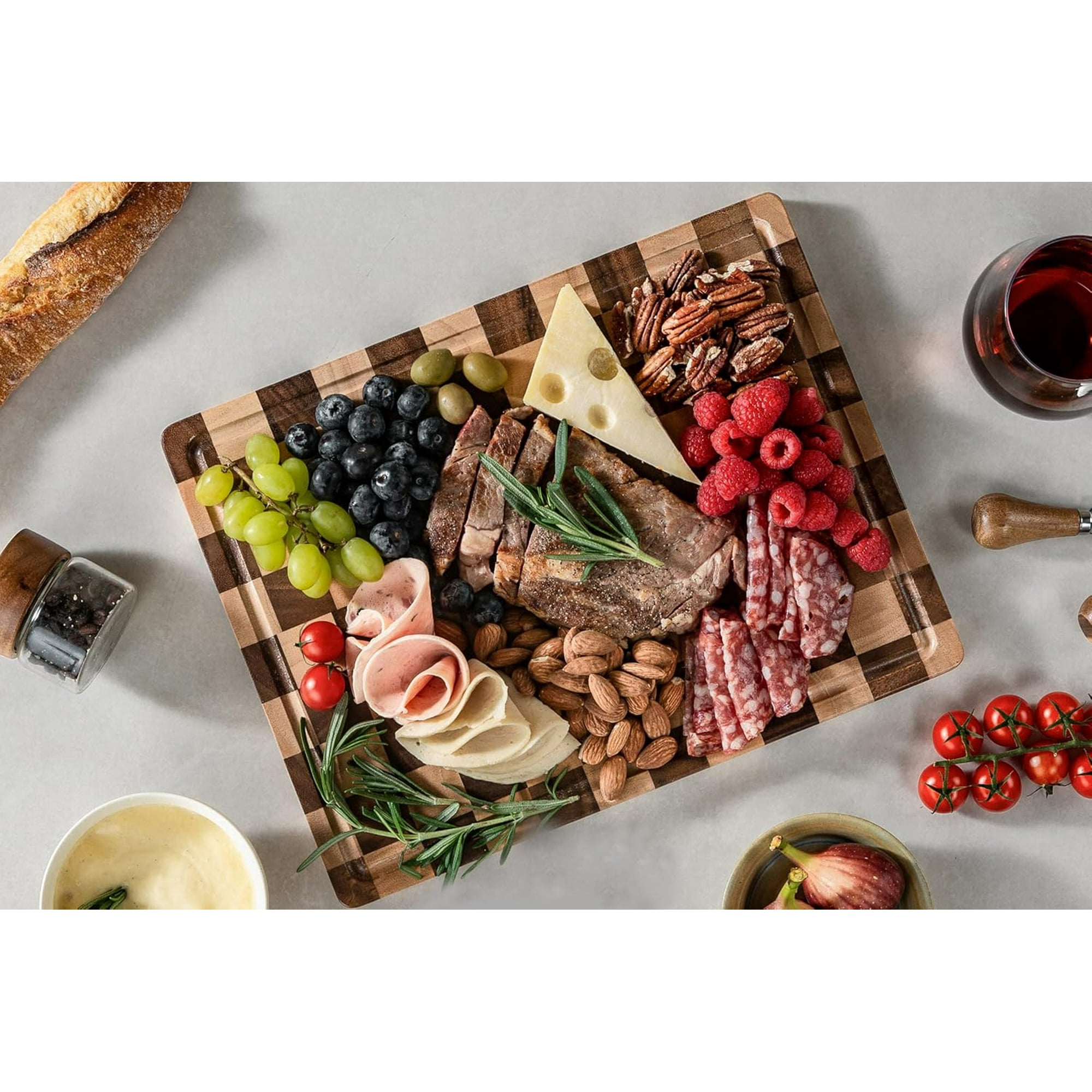 End Grain Cutting Boards for Kitchen, Wooden Cutting board, Acacia Wood Chopping Board with Juice Groove & Handle, Butcher Block for Meat, Bread & Fruit, 14"L x 11"W x 0.8"Th