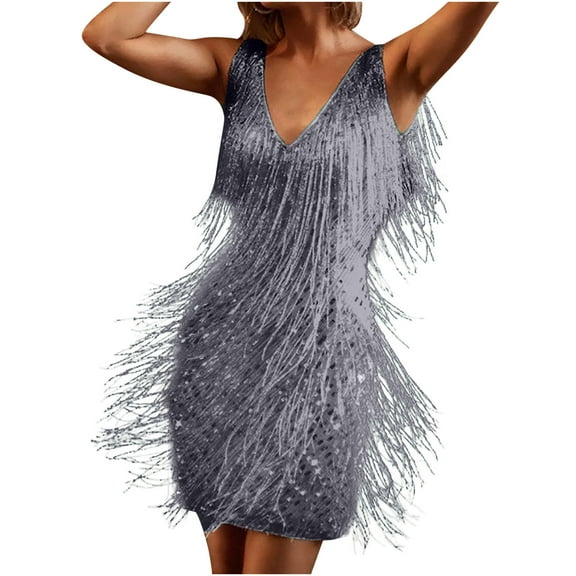 Alkepwun Fringe Dress Women Sexy Deep V Neck Tank Mini Flapper Dress Sleeveless Backless Skinny Cocktail Party Dress