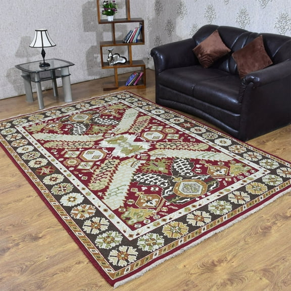 RUGSOTIC CARPETS HAND KNOTTED SUMAK WOOL AREA RUGS - 6'x9', Rectangle, Red Charcoal, Classic Oriental Traditional Design, High Pile Thick Handmade Anti Skid Area Rugs for Living Room, Bed Room(SW0012)