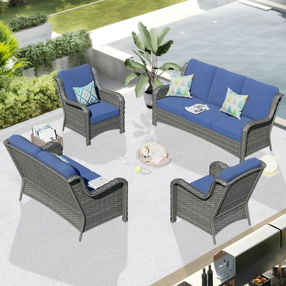 Ovios 4 Pieces Patio Furniture Wicker Outdoor Sectional Sofa, Grey Wicker