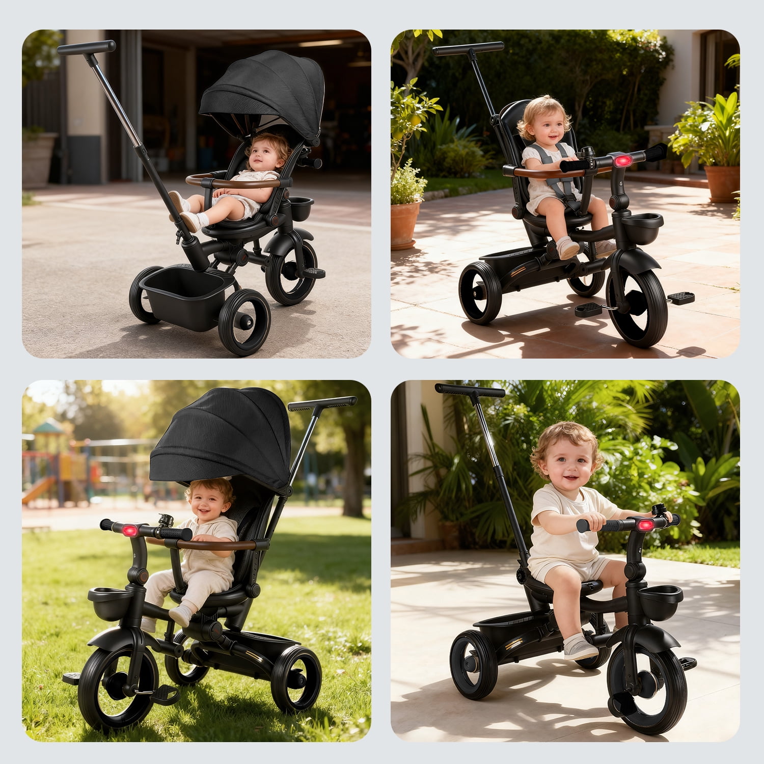 JoyStone 7 in 1 Foldable Tricycle Stroller for Toddler, Baby Tricycle with Adjustable Canopy, Parent Handle, Removable Pedals, Seat Belt and Storage Basket, Kids Bike for Ages 1-6 Boys & Girls, Black