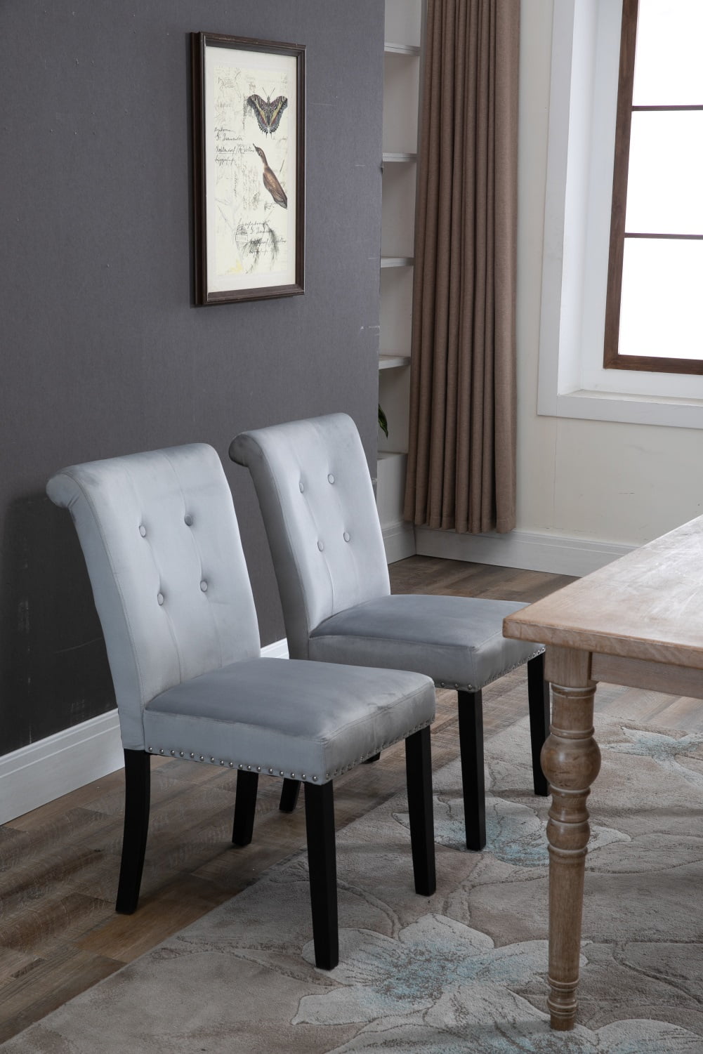Lowestbest Velvet Fabric Home Chair, Dressing Stool Two Sets, Rubber Wood Legs Cushion Raw Cotton, Silver Gray