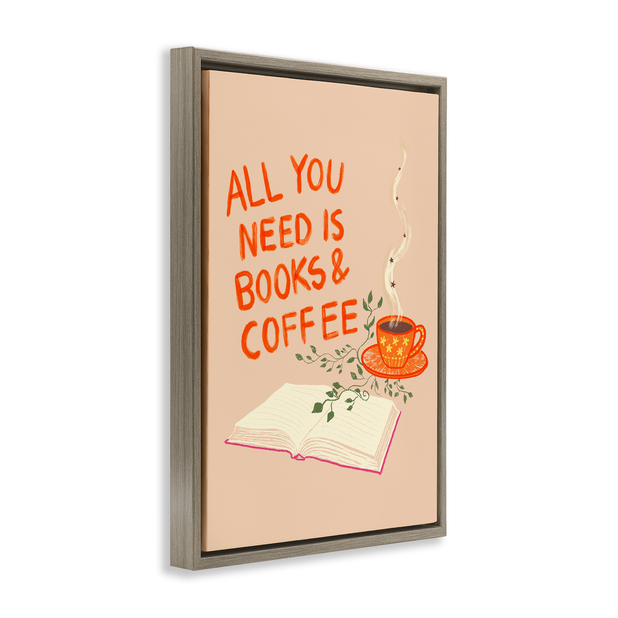Need Books & Coffee Brown Framed Floater Canvas Wall Art, design by Florentina Dolci