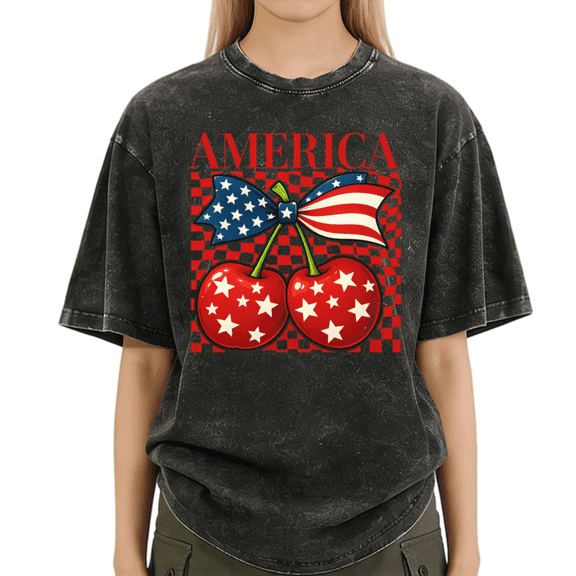 Giffimy Woman Vintage Washed America Cherry Checkered Flag Bow Graphic T-Shirt Short Sleeve S-2XL Distressed Relaxed Fit Tee