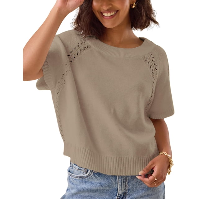 Jersey Yeokou para mujer, manga corta, cuello redondo, color caqui