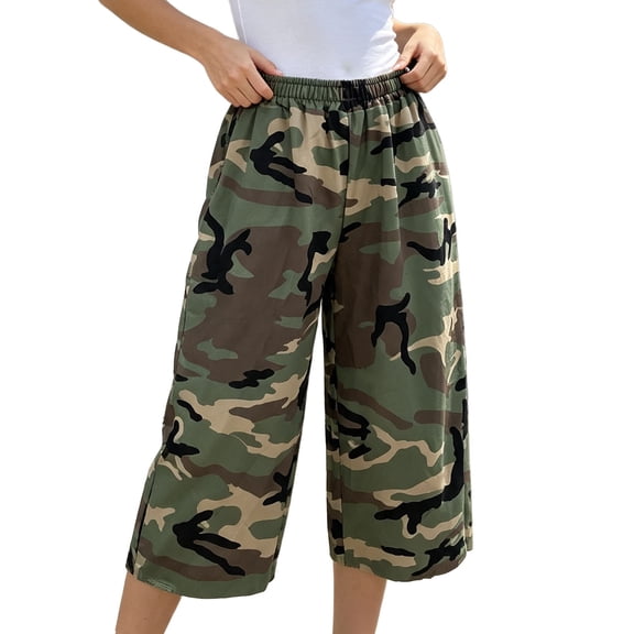 Women Wide Leg Shorts Camo Bermuda Long Jorts with Pockets Y2k Elastic Waist Cargo Baggy Boyfriend Loose Capris ( S)