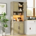 thumbnail image 4 of Rattan Kitchen Pantry with RGB Light, Farmhouse Storage Cabinet with with Rattan Doors & Open Shelves for Living Room, Kitchen, 4 of 7