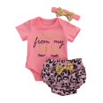 thumbnail image 2 of 3Pcs Tenue Respirante Bébé Filles, Été Doux Style Manches Courtes Col Rond Lettre Romper + Imprimé Floral / Short Imprimé Léopard + Ensemble de Couvre-Chef Arc, 2 of 4