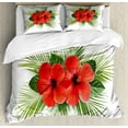 thumbnail image 1 of Hibiscus Duvet Cover Set King Size, Simple Summer Design of 2 Petal Flowers and Leaf Bouquet, Decorative 3 Piece Bedding Set with 2 Pillow Shams, Vermilion Apple Green Olive Green, by Ambesonne, 1 of 3